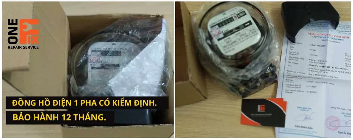 Đồng hồ điện 1 pha GELEX EMIC có giấy kiểm định từ Công ty Thí nghiệm điện miền Nam (SPCETC) — loại đồng hồ 1Fix sử dụng để đối sánh.