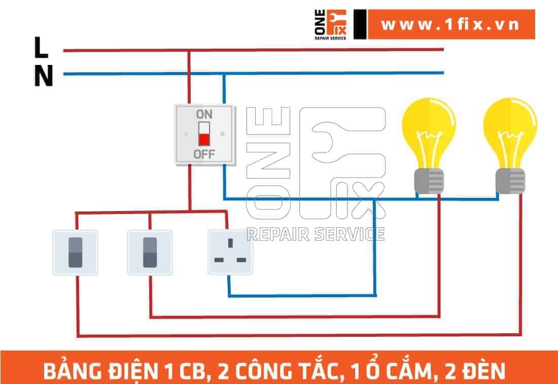Sơ đồ nguyên lý đấu bảng điện 2 công tắc 3 ổ cắm