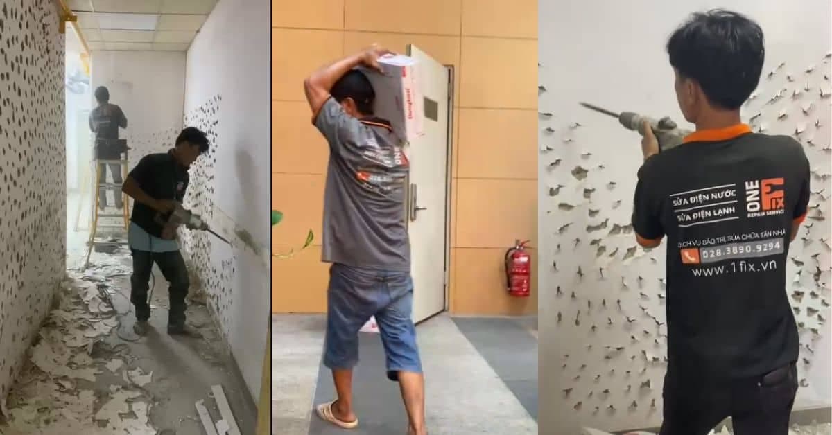 Thợ 1Fix đang thực hiện tháo dỡ, đục phá tường gạch cũ để chuẩn bị cho việc cải tạo.