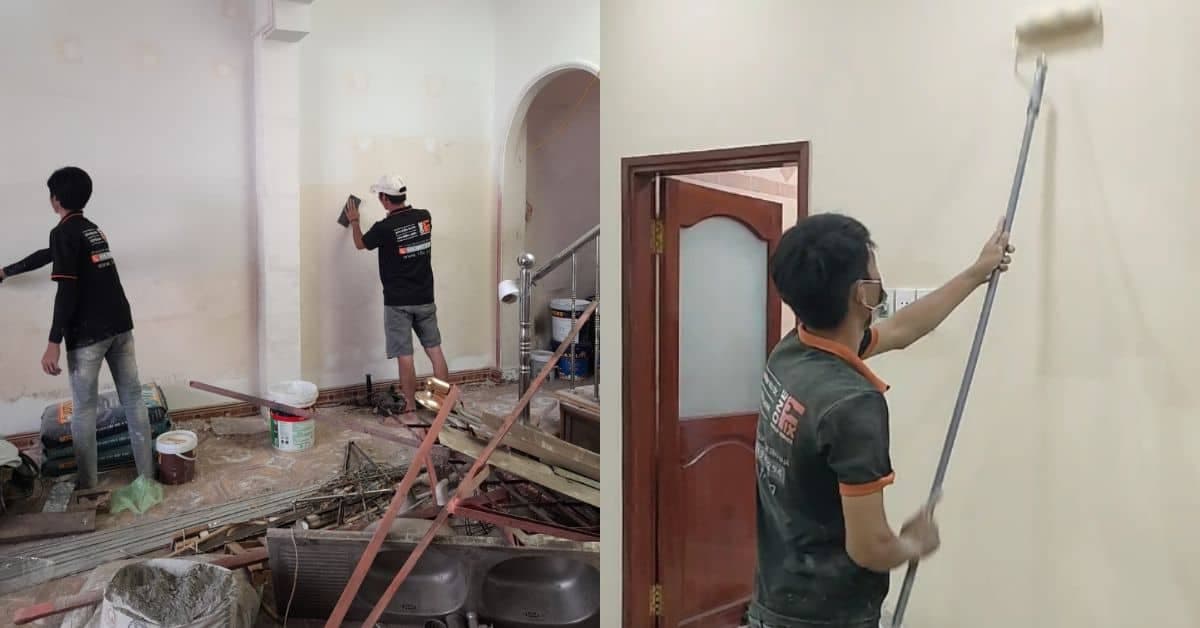 Thợ 1Fix đang lăn sơn chống thấm cho bề mặt tường ngoài trời, một công đoạn quan trọng để bảo vệ ngôi nhà.