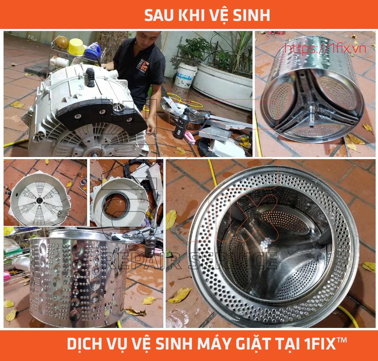 Thợ 1Fix đang tháo lồng máy giặt để vệ sinh và kiểm tra kỹ thuật tại nhà khách hàng ở Bình Chánh.